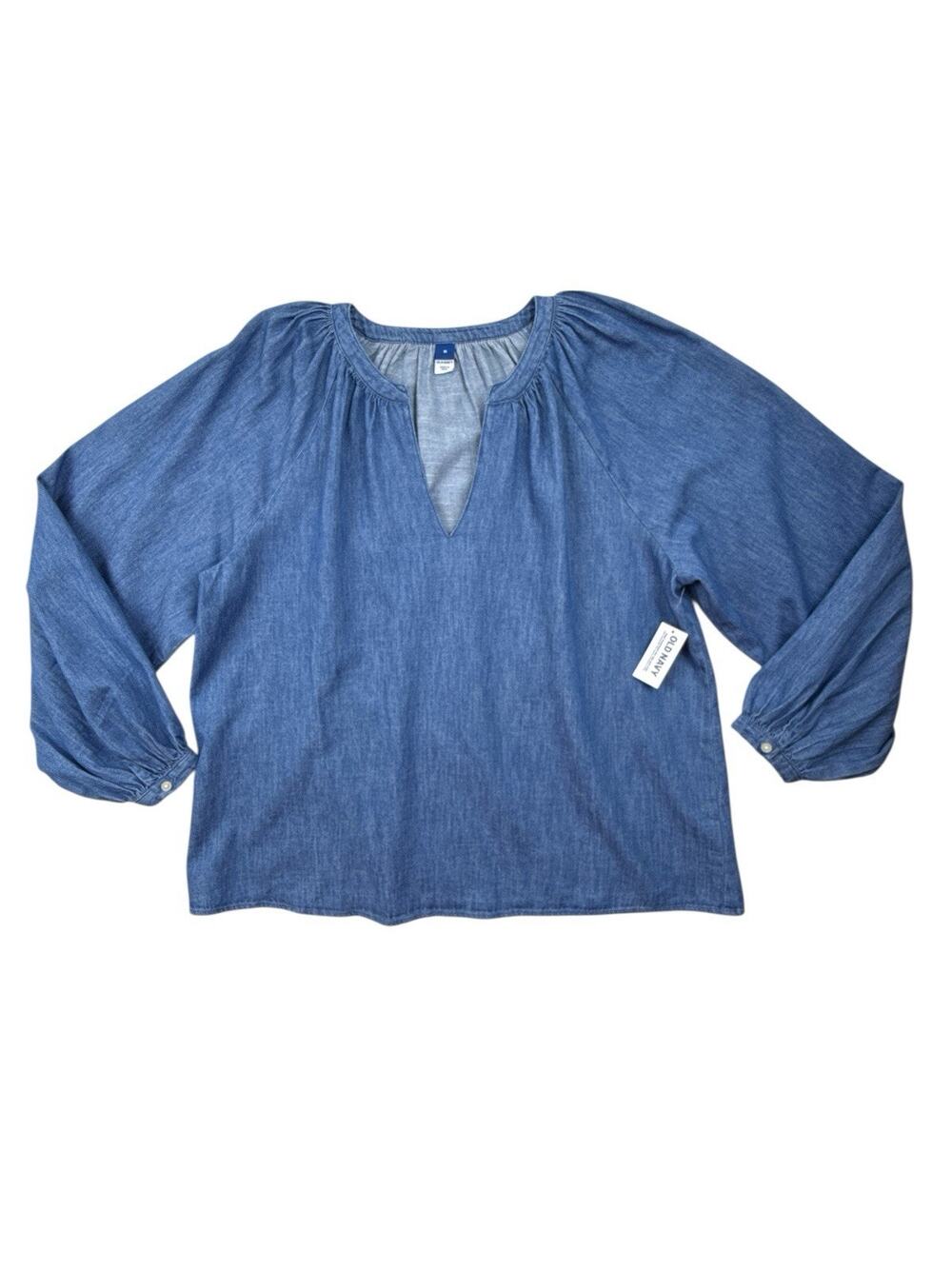 Old Navy Boho Top Chambray Denim Blue V-Neck Long Poet Sleeve Womens Medium